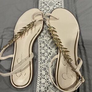 Jessica Simpson Cream T-Strap Sandals with Gold Leaf Trim